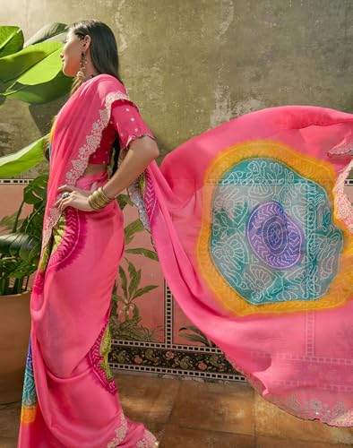 Image of SIRIL Women's Chiffon Scalloped Border Sequins Embroidery Saree with Unstitched Blouse Piece
