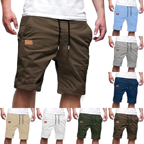 Image of Mens Casual Shorts Cotton Drawstring Summer Beach Stretch Hiking Golf Short Solid Color Joggers Shorts Pockets
