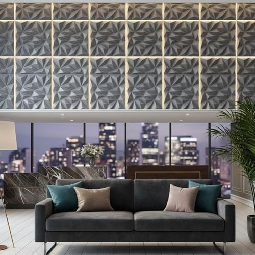 Image of Kayra Decor 3D Wall Panels Diamond Design - Silver Color | 19.7 inch x 19.7 inch (Pack of 18) - Covers 48.42 Sq. Ft | Premium Home & Office Wall Decoration