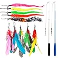 12 PCS Feather Teaser Cat Toy, 2 Pcs Retractable Interactive Cat Teaser Rods, 10 Pcs Replacement Colorful Feather Refills with Bells, Feather Dangler Funny Exercise for Indoor Cat Kitten Catcher
