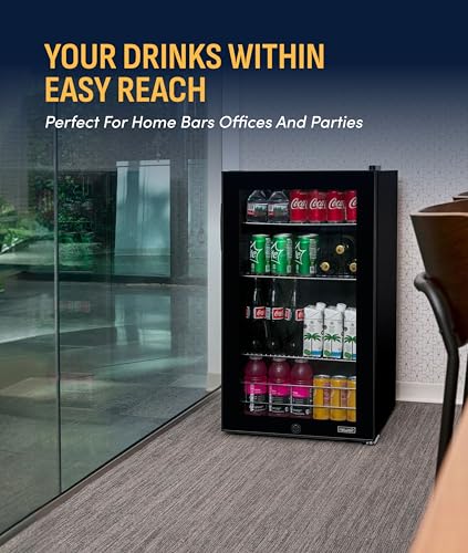 Image of NewAir 126 Can Beverage Refrigerator | Freestanding Small Mini Fridge for Bedroom with Glass Door | Drink Cooler with Adjustable Shelves, Quiet Cooling & Locking Door | Black