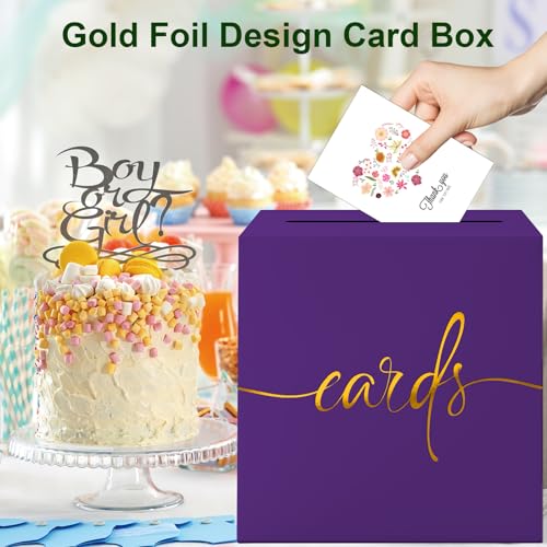 Image of 2 Pack Purple Card Box with Gold Foil Design, Paperboard 8.7 inch Card Box for Birthday Wedding Party Graduation Retirement Anniversary Valentine's Day & Baby Showers, Raffle or Money Box