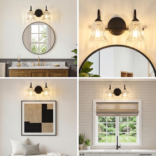 Image of Vintage Farmhouse Vanity Wall Sconce Lighting, 2-Light Matte Black Bathroom Vanity Light Over Mirror with Flower Glass Shade, 14.6 inch Retro Wall Lamp for Hallway Bedroom Living Room