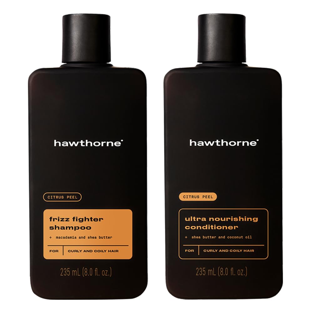 Hawthorne Men's Ultra Nourishing Shampoo and Conditioner Set. Unlock Moisturized, Non-Frizzy Hair with Shea Butter and Coconut Oil. Woody Citrus Scent. Sulfate Free, Paraben Free. 8 fl. oz each.