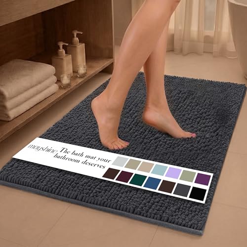 Image of MAYSHINE Chenille Plush Extra Long Bath Mat Runner, 1 INCH Pile, Charcoal Gray, 59x31 inches, Machine Washable, Non-Slip