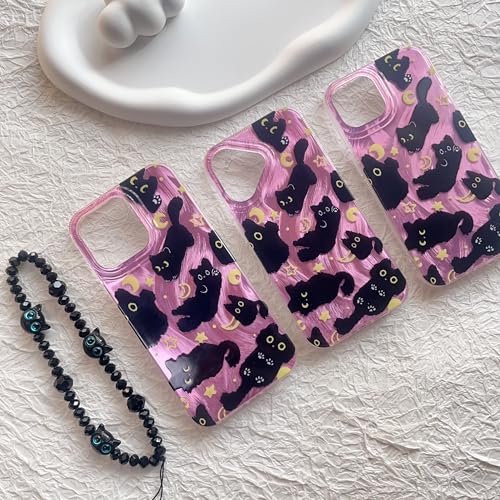 Coque iPhone 17 chat mignon avec chaîne rose et sangle