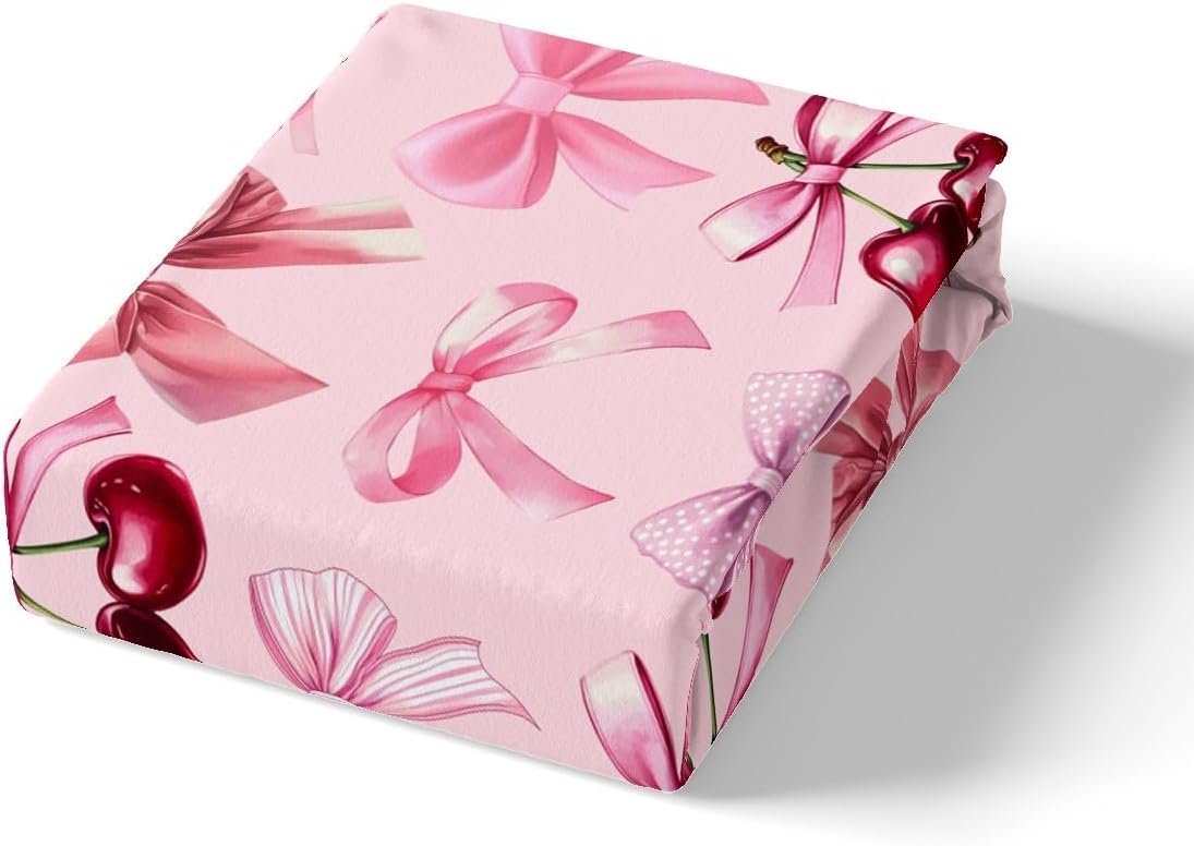 Pink Bowknot Duvet Cover Set Toddler Size,Kawaii Bow Tie Girly Princess Style Reversible Quilt Cover for Kids Boys Girls Cute Dreamy Cherry Tropical Fruits Bedding Set with 1 Pillowcase,No Comforter