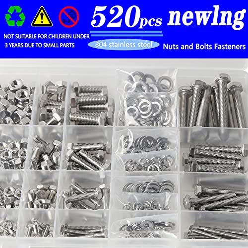 Image of newlng M3 M4 M5 M6 Bolts and Nuts Flat and Lock Washers Assortment Kit 520 PCS Metric 304 Stainless Steel Hex Head Cap Screws Bolts and Nuts Assortment Set Fasteners Bolts Kit with Combination Box