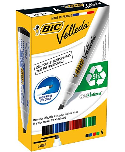 Velleda 1751 Ecolutions PTE - Pack of 3 x 4 Erasable Whiteboard Markers - Large Bezel - Black, Blue, Red and Green