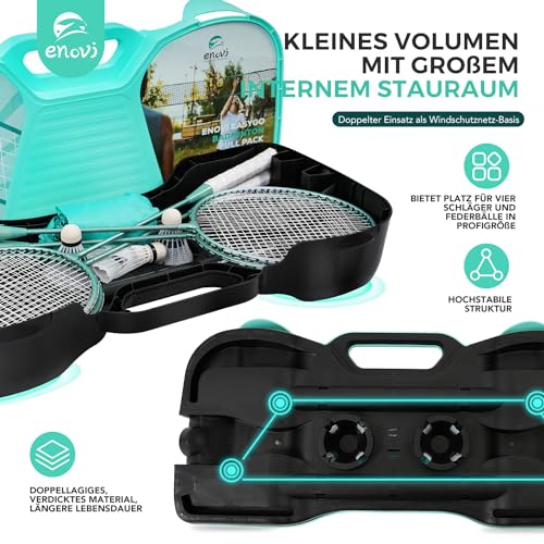 Enovi EasyGo Federball Set, Badminton Set mit 4 Schläger, Badminton Netz, 4 Federball, Tragbare Aufbewahrungsbox