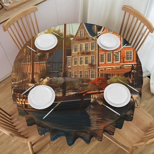 Eekstdbn Round Tablecloth 60 Inch Charming Harbor View Waterproof Tablecloth for Dining Table Kitchen Farmhouse Table Cloth Wrinkle Free Table Cover for Dining Party Buffet Wedding