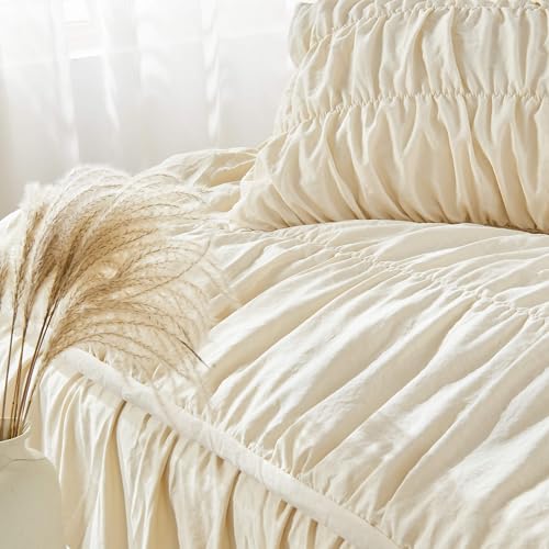 Queen-Comforter-Set-Wheat-Bedding-Ruched-Comforter-Queen-Size-Bed-Set-Boho-Shabby-Chic-Bedding-for-Bedroom-Comforter-Fluffy-3-Piece-Ruffle-Comforter-Set-with-Pillow-White-Bedding-Soft
