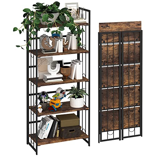4Nm No-Assembly 5 Tiers Folding Bookshelf Storage Shelves Vintage Bookcase Standing Racks Study Organizer Home Office - Rustic Brown And Black #TOP4