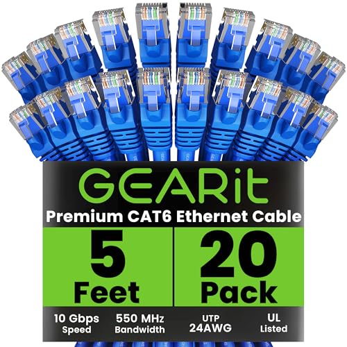GearIT Cat 6 Ethernet Cable (20-Pack 5 Feet) Cat6 Network Patch, 10Gbps, RJ45, Snagless Cord, Gold-Plated Connectors, Internet for PC, TV, Tablet, Router, Printer, Servers, IT Data Center - Blue