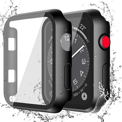 Image of Misxi [2 Pack] Waterproof Case with Button Designed for Apple Watch Series 3 Series 2 38mm, Anti-Fall Hard PC Cover with Tempered Glass Screen Protector for iWatch S3 /S2, Matte Black