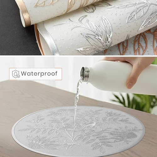 Image of Yellow Weaves 4 Pcs PVC Round Table Placemats, Dining Table Mat, Stain Resistant, Anti-Skid, Waterproof, Washable, Dining, Kitchen, Restaurant Table Set Easy to Clean, Durable (Botanical Silver)