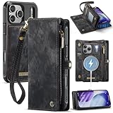For 2025モデルiPhone 17Pro Maxケース分離式手帳型iPhone 17pro maxビジネス風PUレザーワイヤレス充電と2 in 1マグネット吸着車載取り外し自由カード収納/ファスナー設計/おつり コイン収納(小銭やイヤホン、コインな)財布合一ケース【MYH】アイホン17プロマックス 人気男性おしゃれ 耐汚れ衝撃吸収 ストラップ付きスマホケース(ブラック)