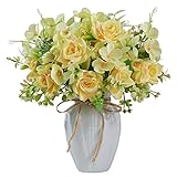 JARELING Silk Rose Flowers in Vase Artificial Flowers Arrangement Modern Fake Rose with Ceramic Vase