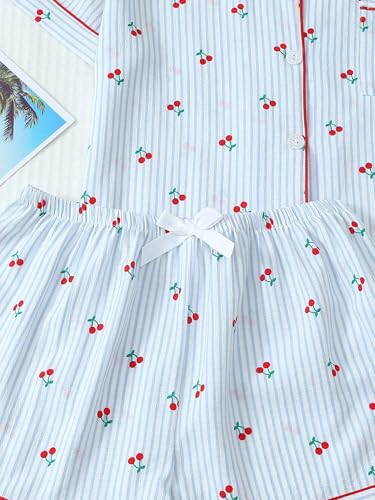 Image of BEAUDRM Women's Two Piece Pajama Sets Allover Print Short Sleeve Sleepwear Button Down Shirt and Bow Shorts Pj Set Loungewear