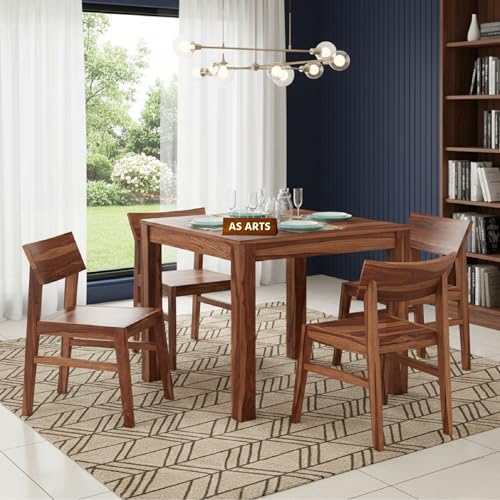 Image of AS Arts Sheesham Wood Rectangular 4 Seater Dining Table Set of 4 with Chairs for Home & Dining Room | Solid Wood | Natural Honey Finish