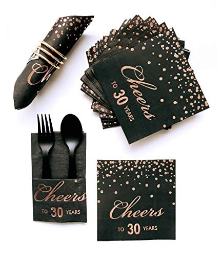 Rose Gold Foil Cocktail Napkins With Cheer 30 Years | Folded 5 X 5 Inches Disposable Party Napkins | 3-Ply Paper Beverage Napkins For 30Th Birthday Decorations, Wedding Anniversary, Retirement, Black #TOP1