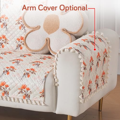 Image of HOKIPO Autumn Blossom Quilted Sofa Cover with Tassels 2 Seater for Seat & Back, (152x120 cm), 'Tassel Twigs' Series (IN-990-T5)