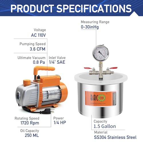 Bacoeng P0663 1 1/2 Gallon 3.6 Cfm Vacuum Chamber With Pump, Degassing Vacuum Chamber Kit thumb #2