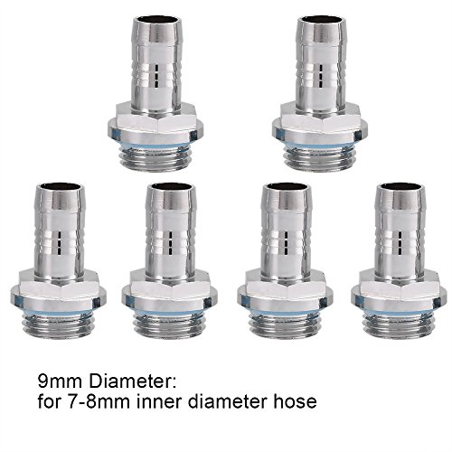 Bewinner Barb Fittings 6 PCS Conector de Rosca de Rosca G1 / 4 de Dos toques de enfriamiento por Agua para Tubo, Acero Inoxidable(9mm)