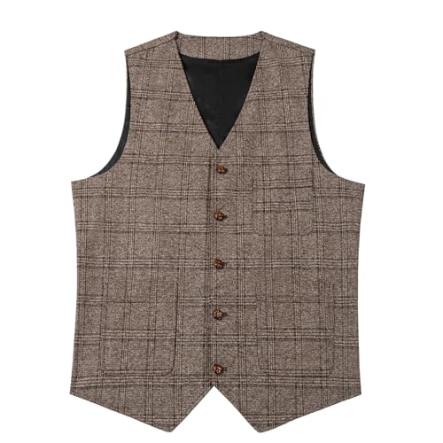 SevenBoy Mens Vintage Suit Vest Plaid Tweed Waistcoat Casual Dress Vest3