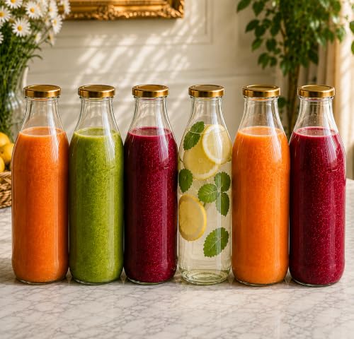 Image of Pure Source India 1 Litre Glass Bottle with Gold Metal Lid - Reusable, BPA-Free, Leak-Proof Beverage & Milk Storage Container (Set of 6)