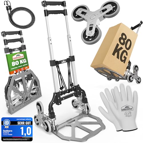 GARDEBRUK® Treppenkarre Aluminium klappbar 80 kg PP-Reifen pannensicher inkl. Handschuhe 2 Expander Sackkarre Transportwagen Transportroller