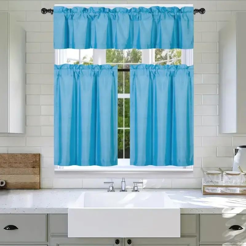 3Pc Set Solid Faux Silk Lined Blackout Rod Pocket Small Kitchen Window Curtain with Valance (K3) (Turquoise Blue)