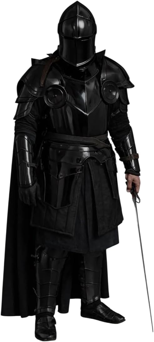 Medieval Knight Black Barbuta Armor - Full Body 18 Gauge Steel, Helmet, Cuirass (Breastplate), Pauldrons, Gauntlets, Greaves for Role-Playing Costume