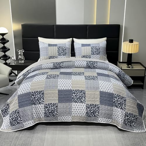 DECMAY Tagesdecke 220x240 Grau Patchworkdecke Bettüberwurf Tagesdecke, Überwurfdecke Bett für Doppelbett, 3-teiliges Tagesdecke mit Kissen Set,...