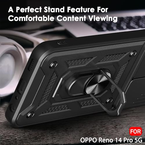 Image of TheGiftKart Tough Armor Bumper Back Cover Case for Oppo Reno 14 Pro 5G | Sliding Camera Cover, Kickstand & Ring Holder | 360 Degree Protection Back Cover Case for Oppo Reno14 Pro 5G (PC & TPU, Black)