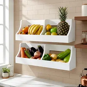 Fruteira Suspensa de Parede Prateleira Porta Legumes Cozinha em Madeira Branco Laca