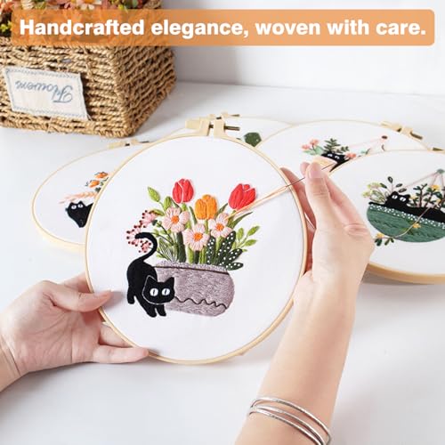 Image of RidaaFri Embroidery Kit for Beginners, Set of 3 Stamped DIY Kits with Cat, Floral, Plant Patterns for Adults, Includes Hoop, Needles, Floss, Step-by-Step Video Tutorial, Complete Sewing Craft Supplies