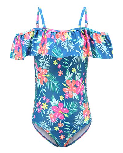 Girls One Piece Swimsuits Off Shoulder Bathing Suit Kids Hawaiian Floral Swimwear 3-16 Years