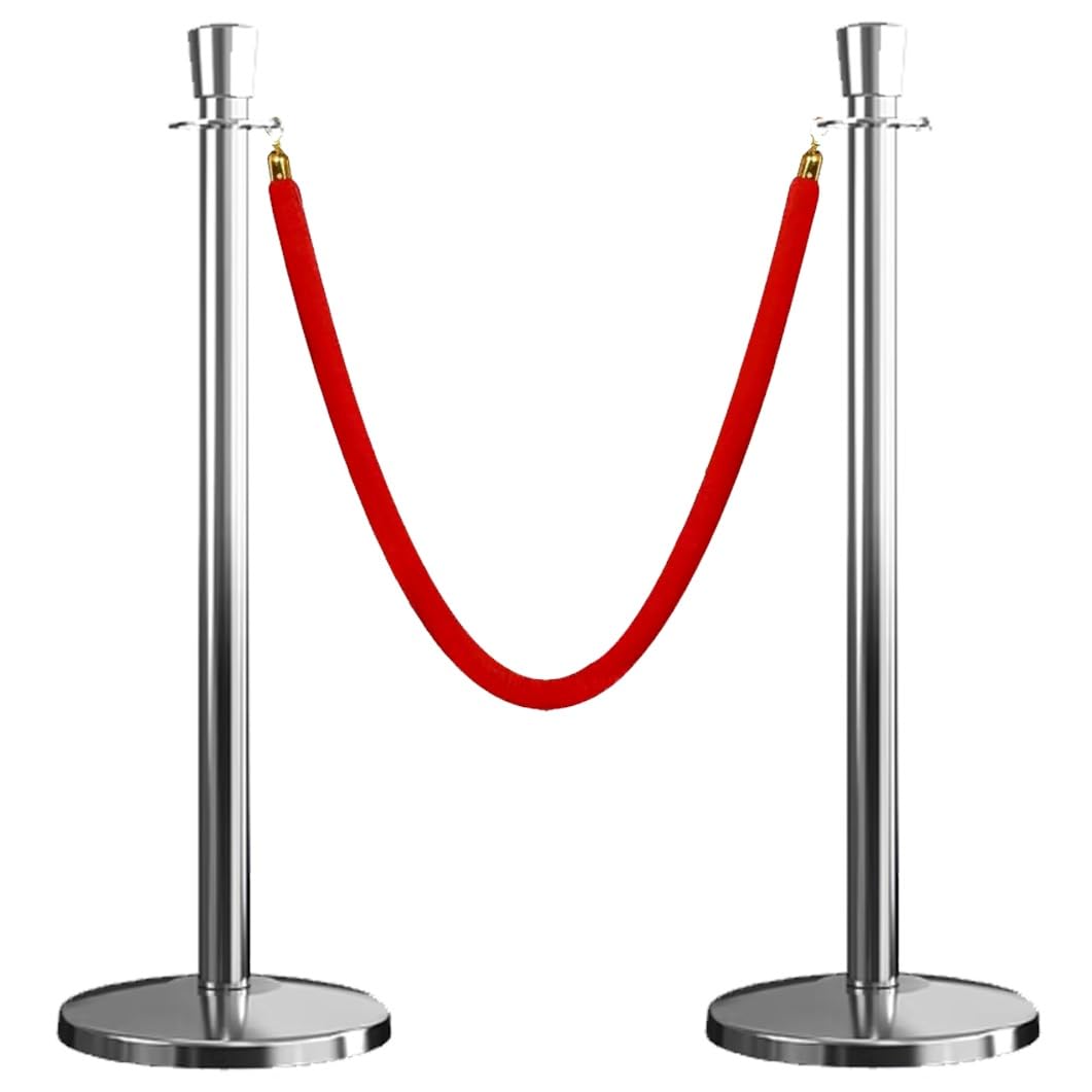 Aioneer Stainless Steel Stanchion Post With Velvet Ropes, Crowd Control Barriers For Events, Safety Barriers For Theaters, Museums, And Weddings-Silver-2 Pack