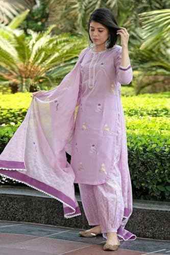 Image of Women's Cotton Embroidered Straight Kurti with pant and Dupatta Set