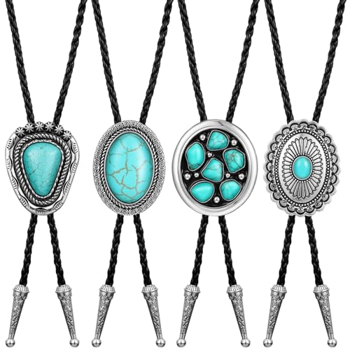 Image of Lyrow Bolo Ties for Men Women Native Western Cowboy Bola Tie Turquoise Stone Faux Leather Necktie Tie for Costume Accessories