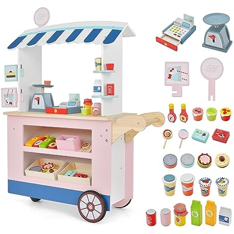 HONEY JOY Kids Food Cart, 30-Piece Toddler Pretend Play Grocery Store Playset w/Cash Register & Scale, Wooden Dessert Shop Play Market, Children Beverage Stand Cart w/Wheels, Gift for Boys Girls Cover