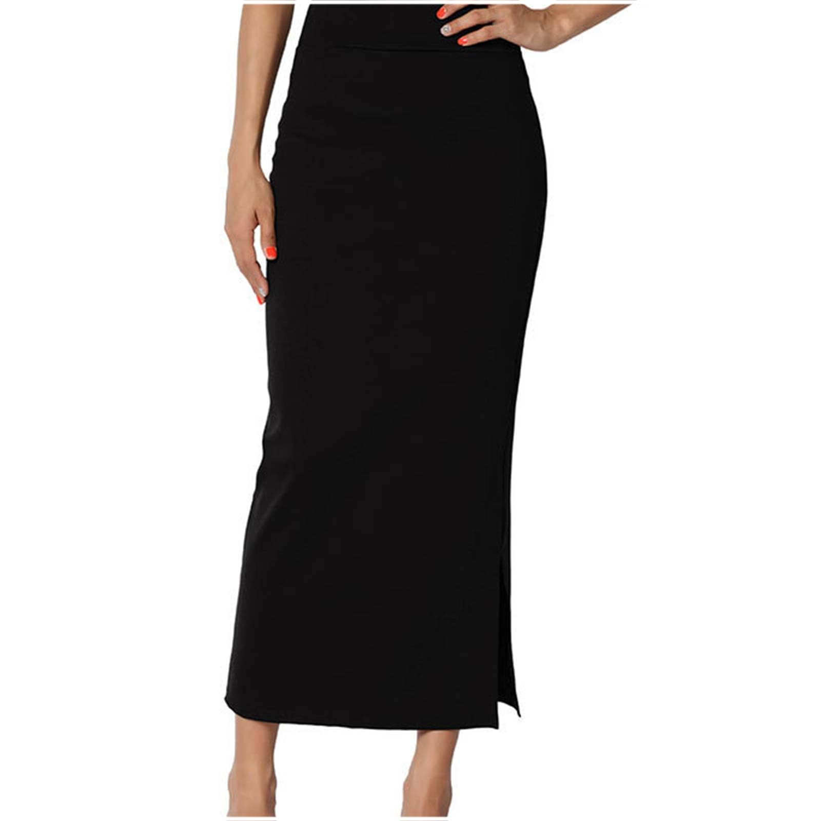 Midi Pencil Basic Skirt for Women Side Slit High Waist Stretchy Casual Bodycon Length Skirts Summer Long Skirt Black
