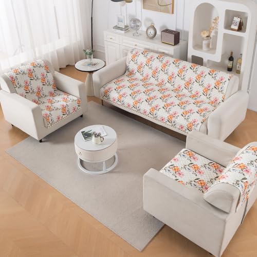 Image of HOKIPO Painterly Floral Quilted Sofa Cover 5 Seater with Tassels Set - Sofa Cover for Seat & Back | 'Tassel Twigs' Series (IN-991-T8 + IN-989-T8)