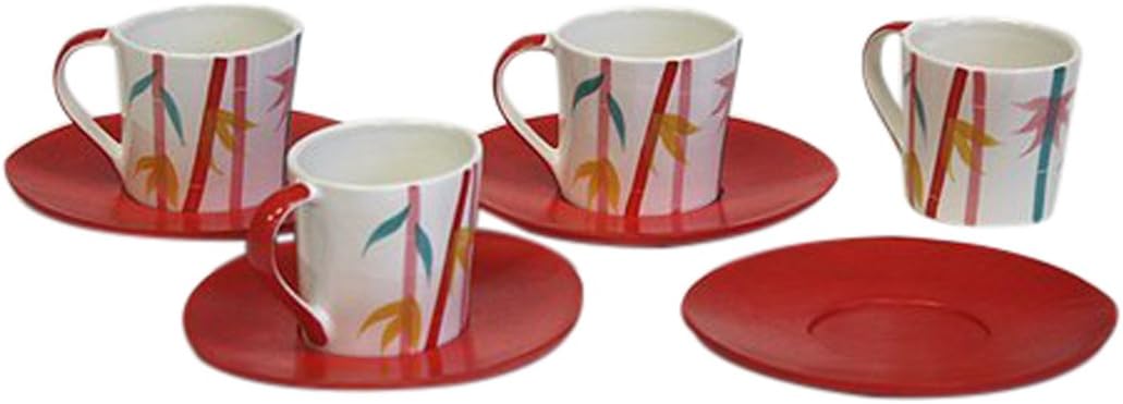 Hues & Brews 8 Piece 6 Oz. Bamboo Pattern Red Ceramic Coffee/Tea Cups & Saucers Set | Home Decor | Beautiful Serveware - 3" x 4.5" x 3"