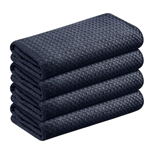 Image of Navy Waffle Kitchen Dish Towels, 100% Cotton, Quick Dry, Super Absorbent, Soft, Lint-Free, 16x26 Inches - Ideal for Dish Drying, Tea, Cleaning, and Everyday Use, 4 Pack, Navy Blue