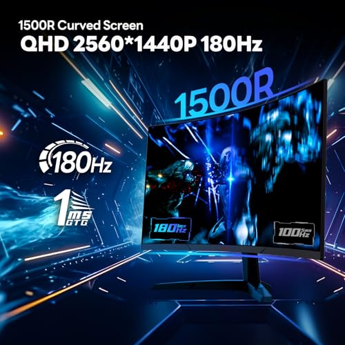 KOORUI 27 Inch QHD Gaming Monitor, 180Hz 1ms Curved VA Panel (1500R), Monitor with Adaptive-Sync, 1440p PC Screen, HDMI/DP, VESA Compatible, Tilt Adjustable, Eye Care - Image 3