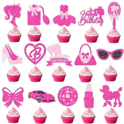 24pcs Hot Pink Girl Party Cupcake Toppers Glitter Pink Birthday P...