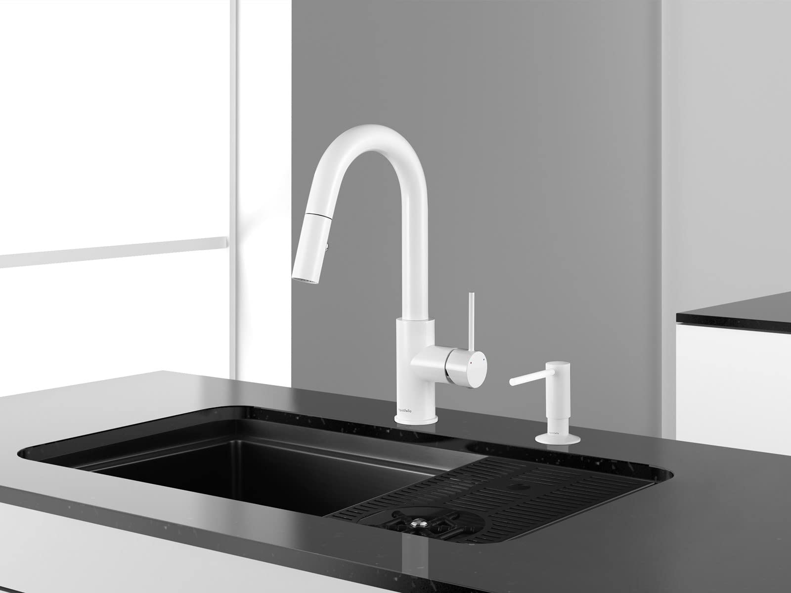AguaStella ASF026W - Dispensador empotrado para fregadero de cocina con botella de jabón y bomba de encimera