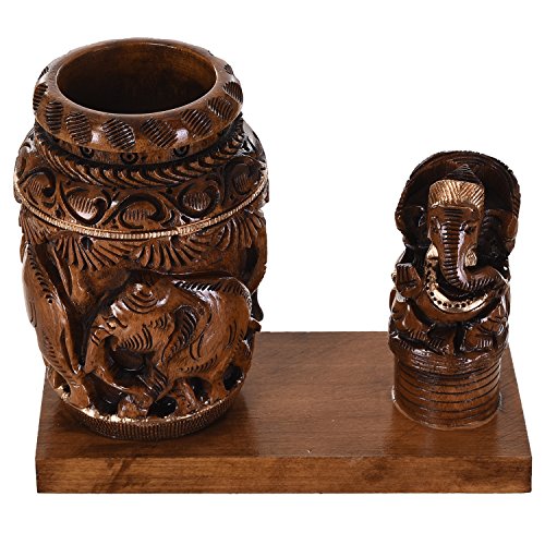 Image of Craft Trade Wooden Pen Stand - Decorative Elephant Engrave Pencil Holder with Ganesha Statue Show Piece Office Decor Desk Organizer Aesthetic Accessories